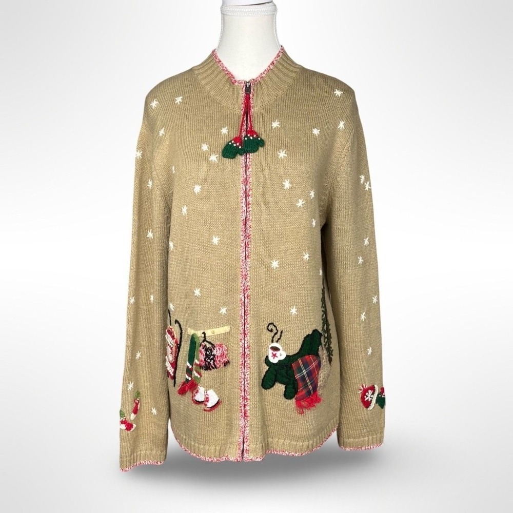 Koret Womens Winter Holiday Zip Cardigan Tan Embroidered Snowflake Mitten Large